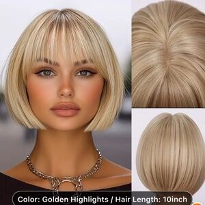 10" Elegant Golden  Bob Wig with Blunt Bangs